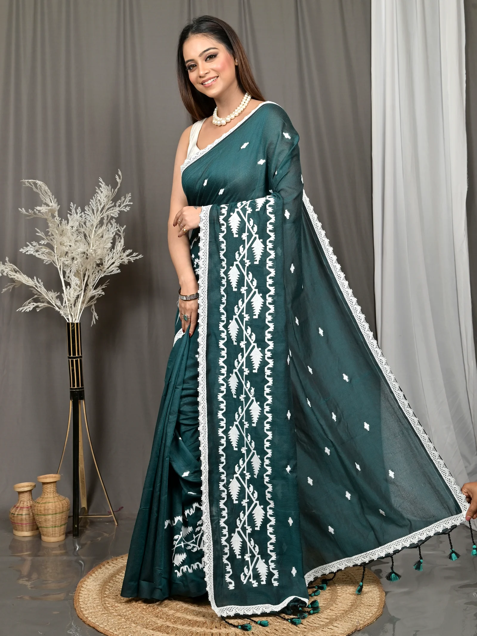Dark Green Cotton Parepu Handloom Saree  (60)