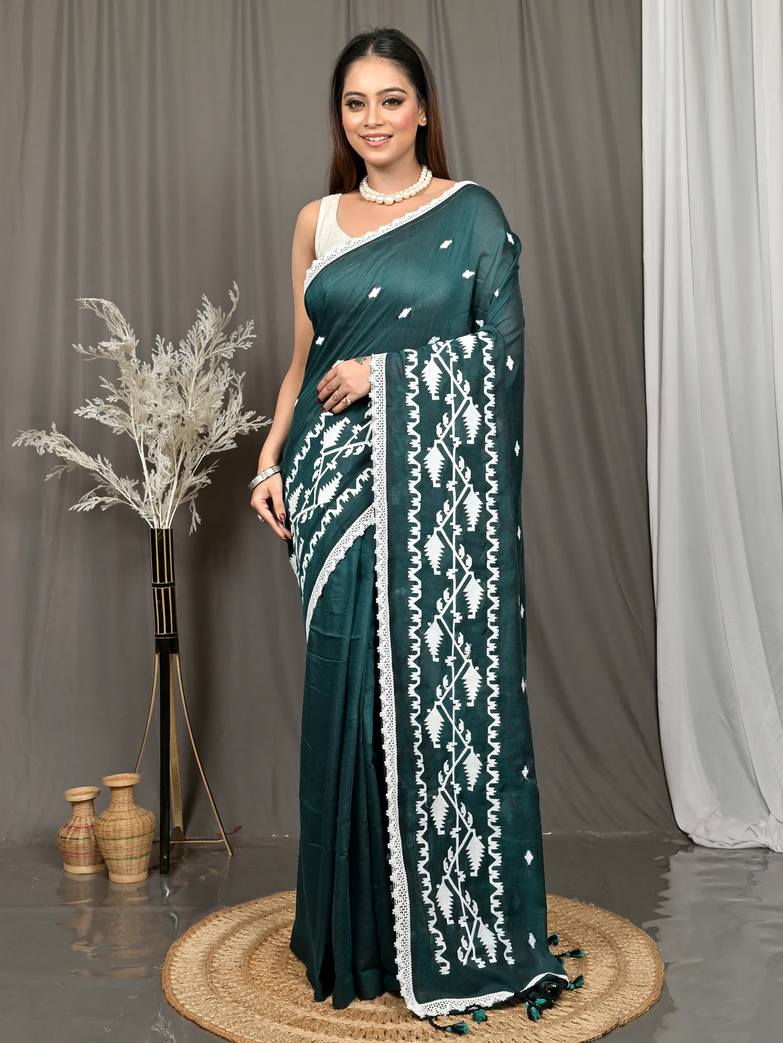 Dark Green Cotton Parepu Handloom Saree  (60)