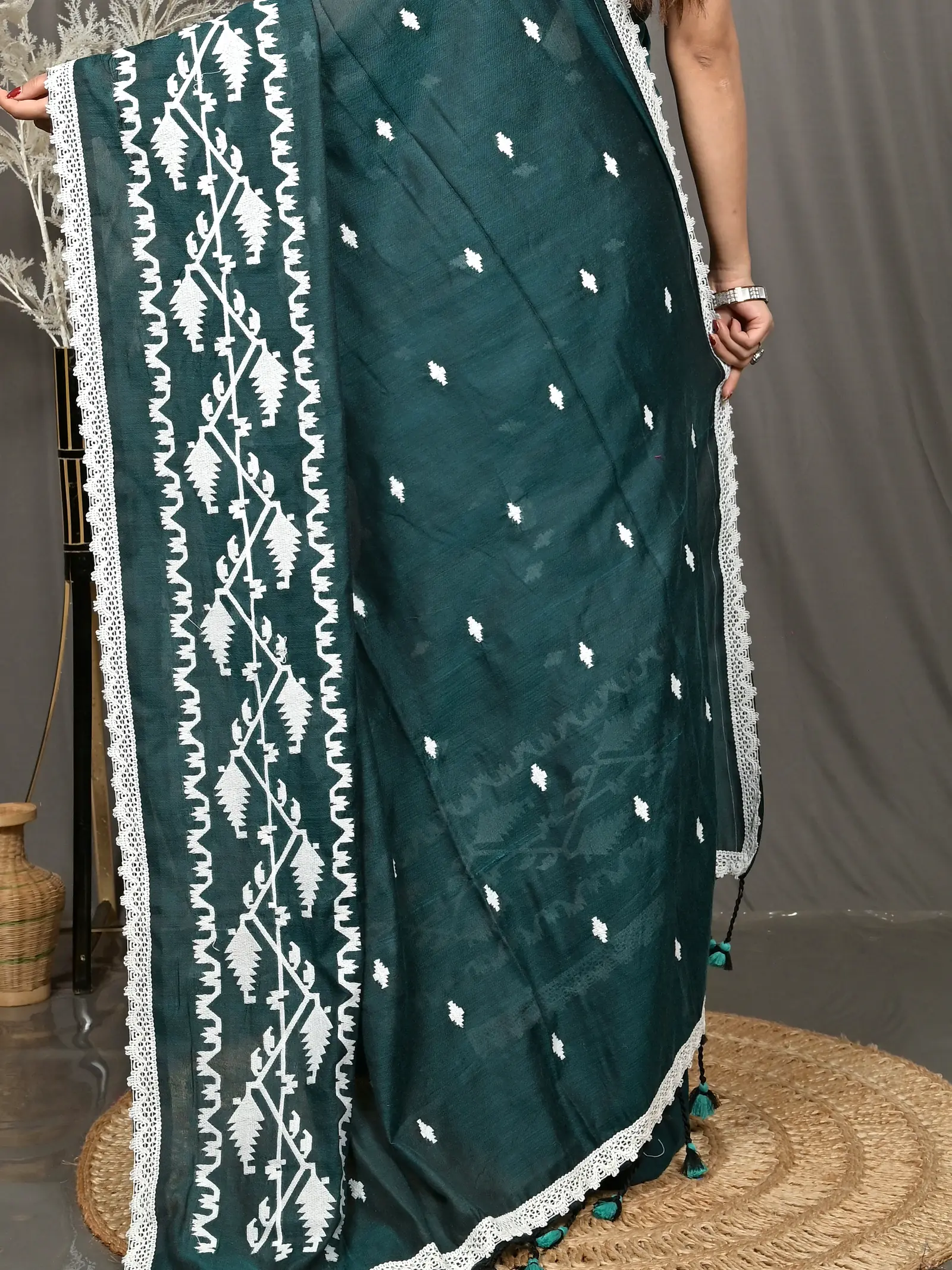 Dark Green Cotton Parepu Handloom Saree  (60)