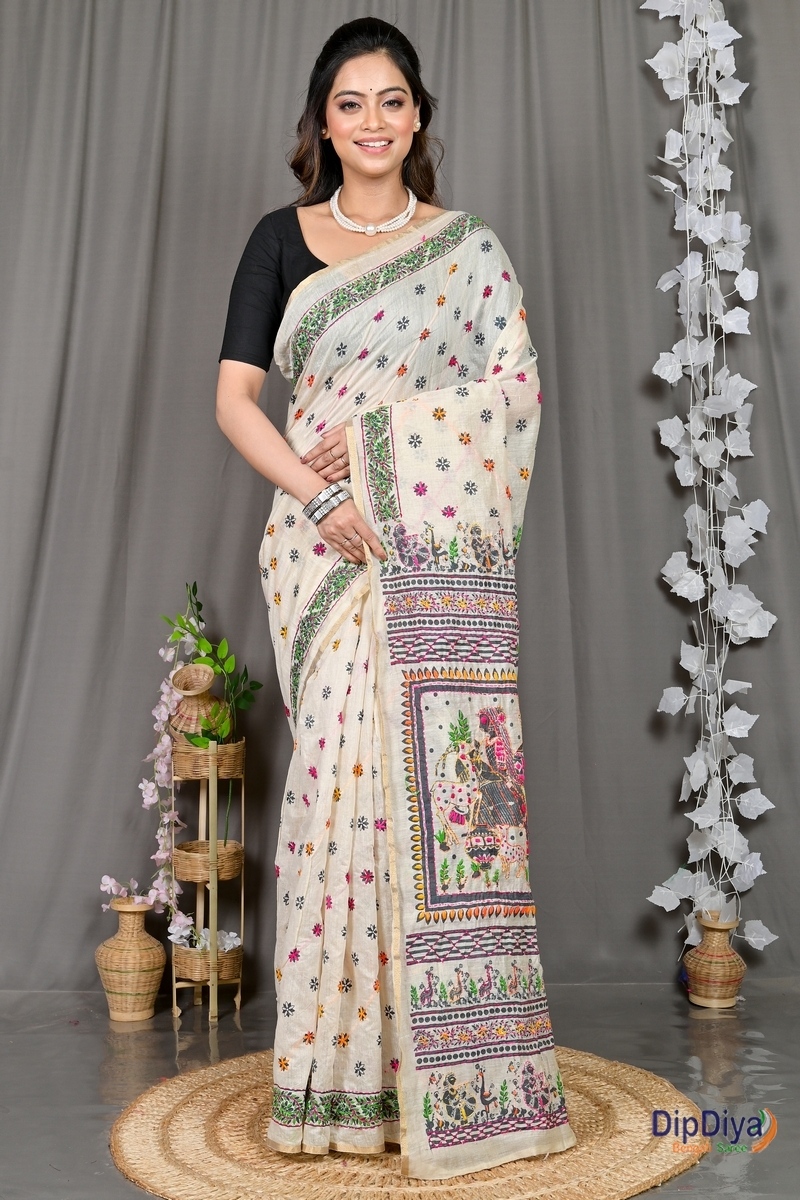 White Cotton Varitikath Kantha Stitch Saree (600)