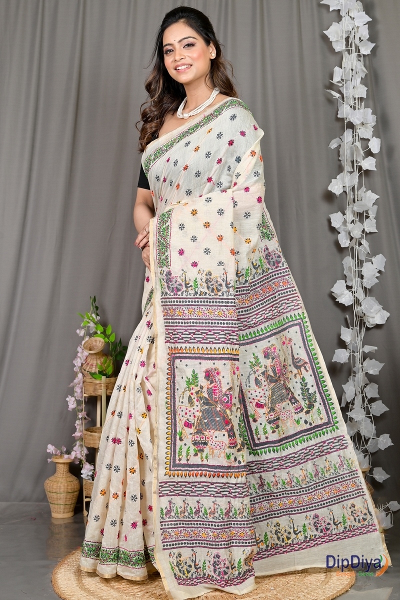 White Cotton Varitikath Kantha Stitch Saree (600)