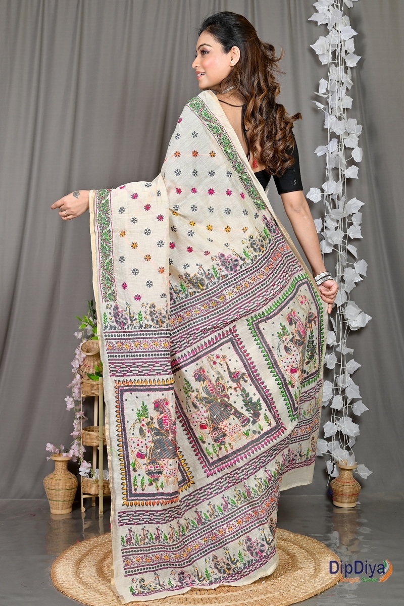 White Cotton Varitikath Kantha Stitch Saree (600)