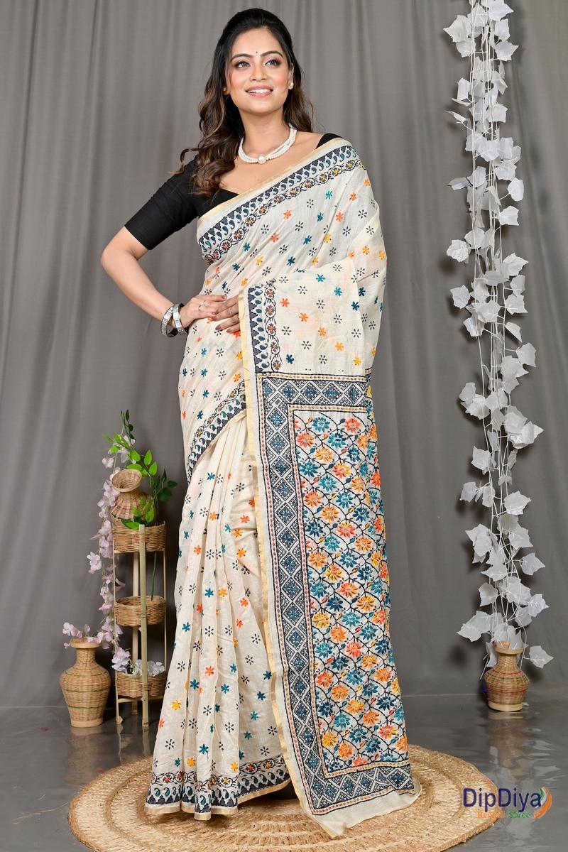White Cotton Varitikath Kantha Stitch Saree (601)