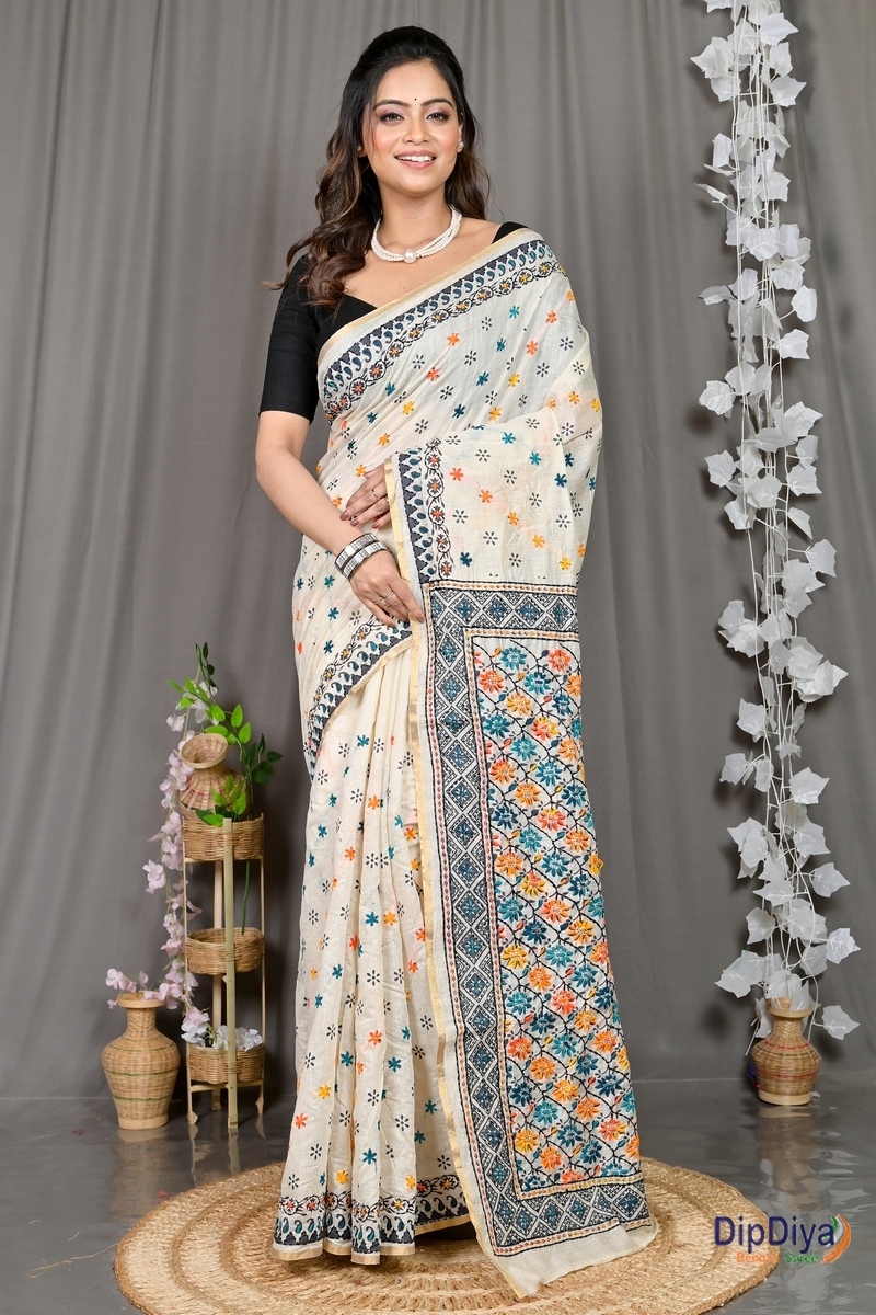 White Cotton Varitikath Kantha Stitch Saree (601)