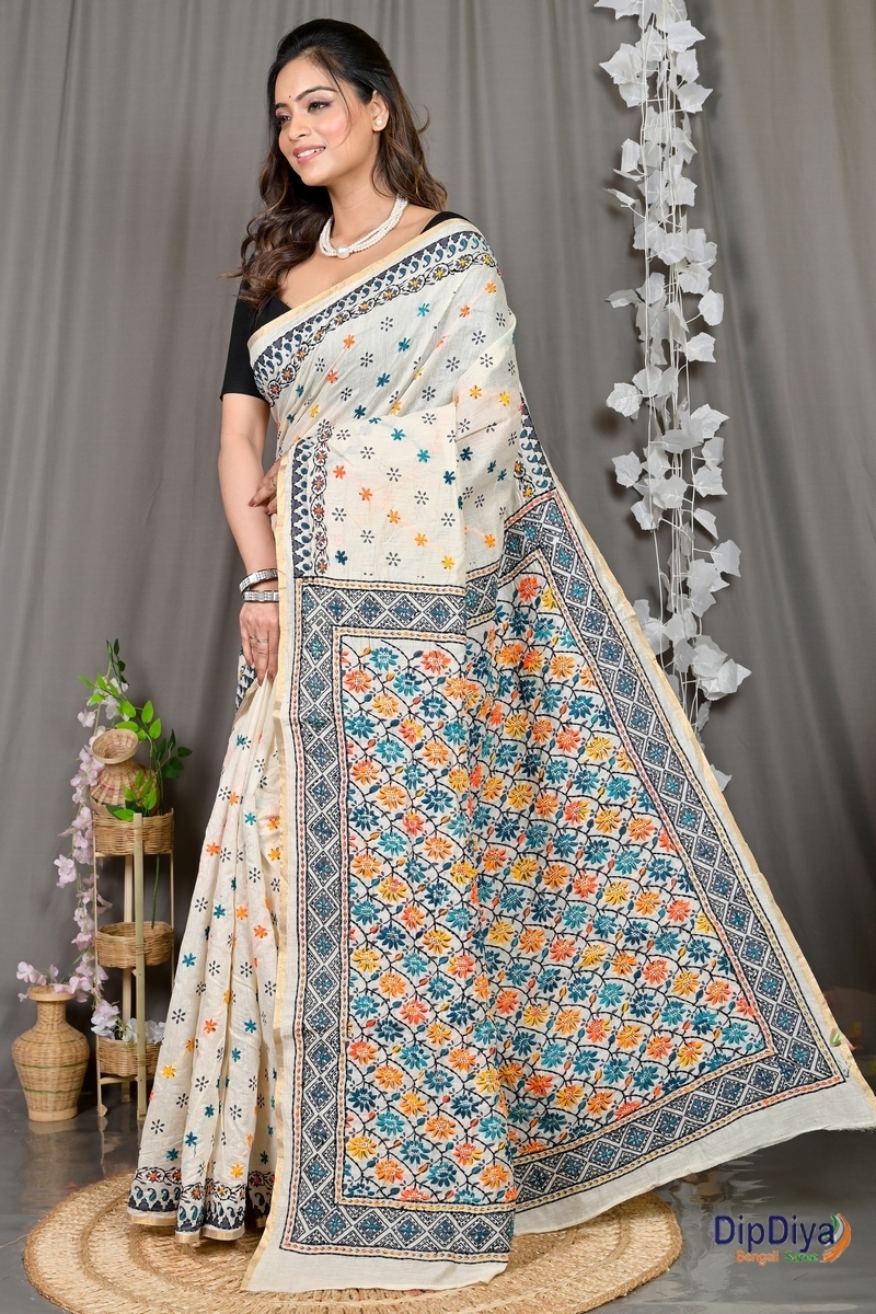 White Cotton Varitikath Kantha Stitch Saree (601)