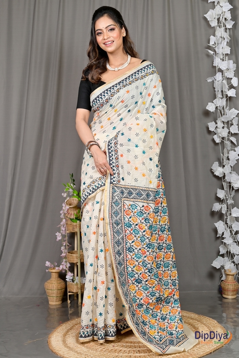 White Cotton Varitikath Kantha Stitch Saree (601)