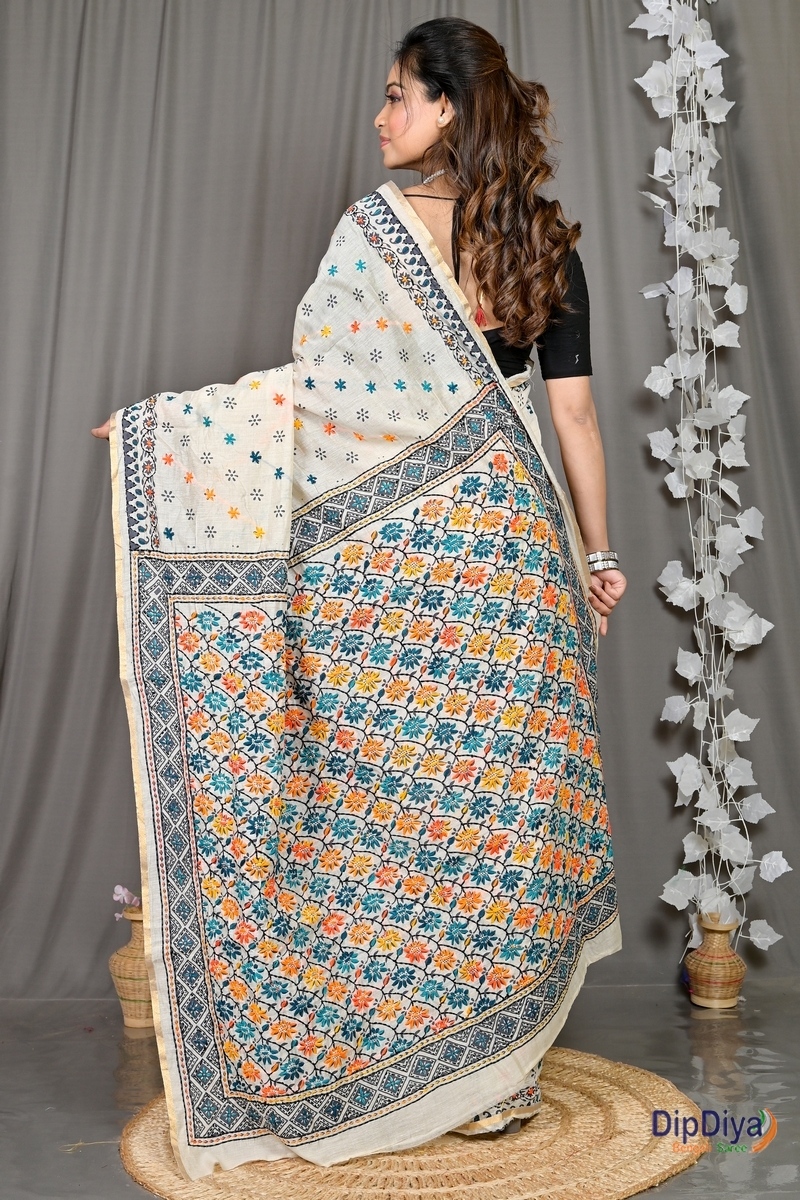 White Cotton Varitikath Kantha Stitch Saree (601)
