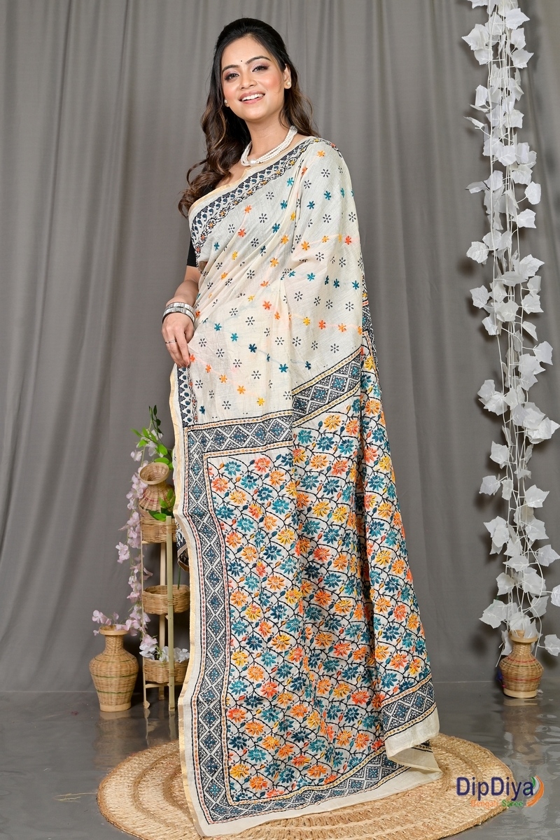White Cotton Varitikath Kantha Stitch Saree (601)