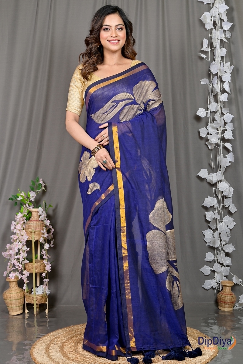 Blue Cotton Blended Soura Printed Handloom Saree (602)