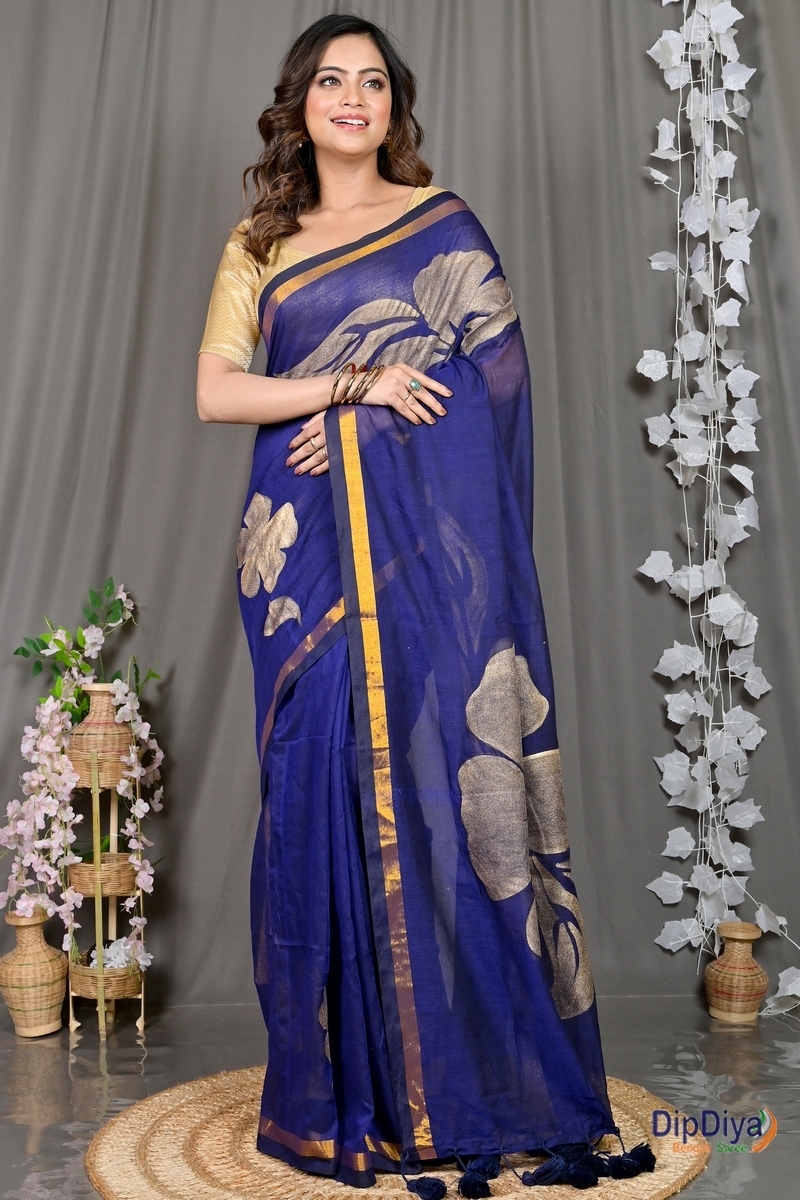 Blue Cotton Blended Soura Printed Handloom Saree (602)