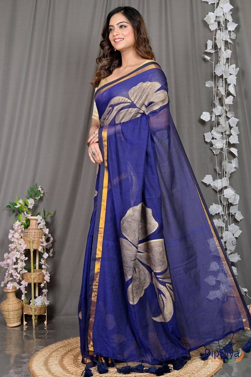 Blue Cotton Blended Soura Printed Handloom Saree (602)