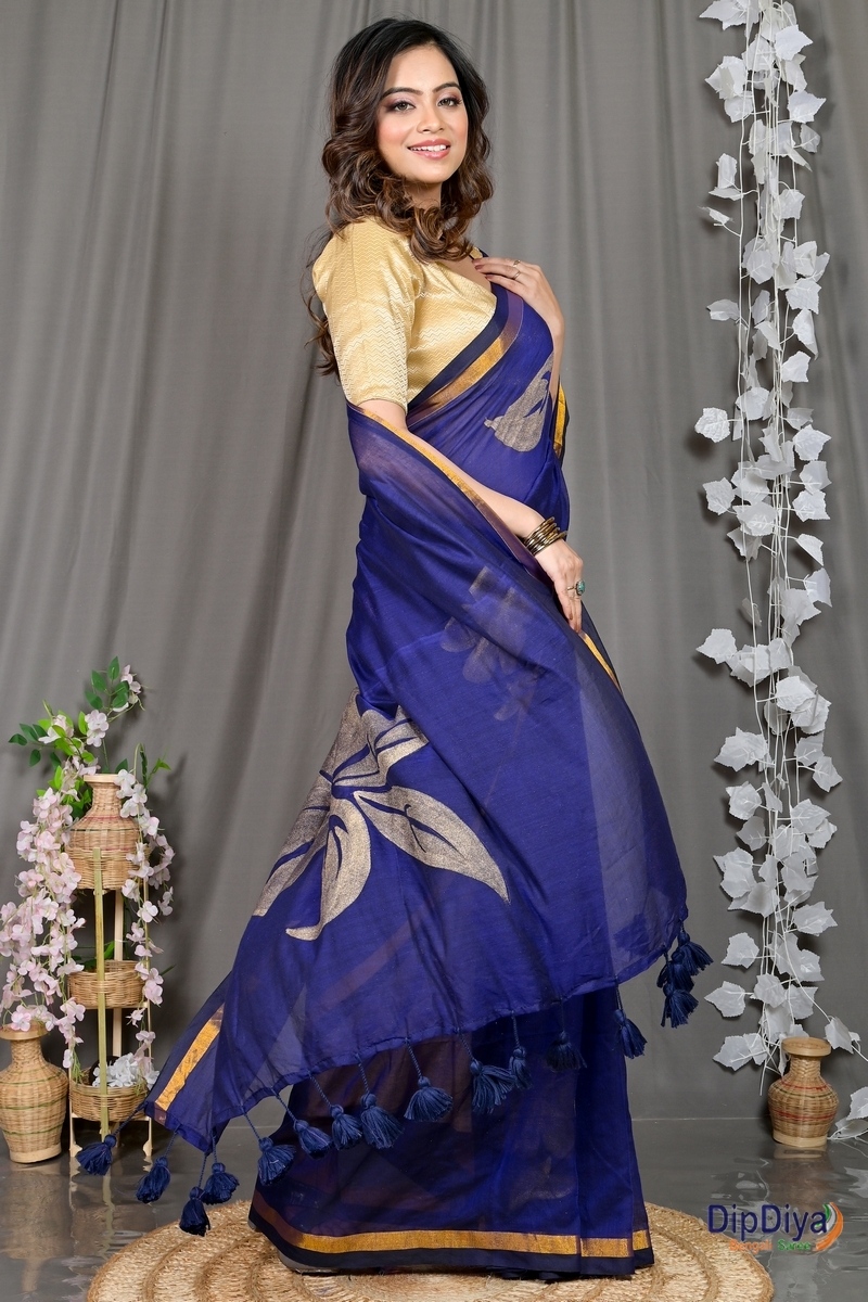 Blue Cotton Blended Soura Printed Handloom Saree (602)