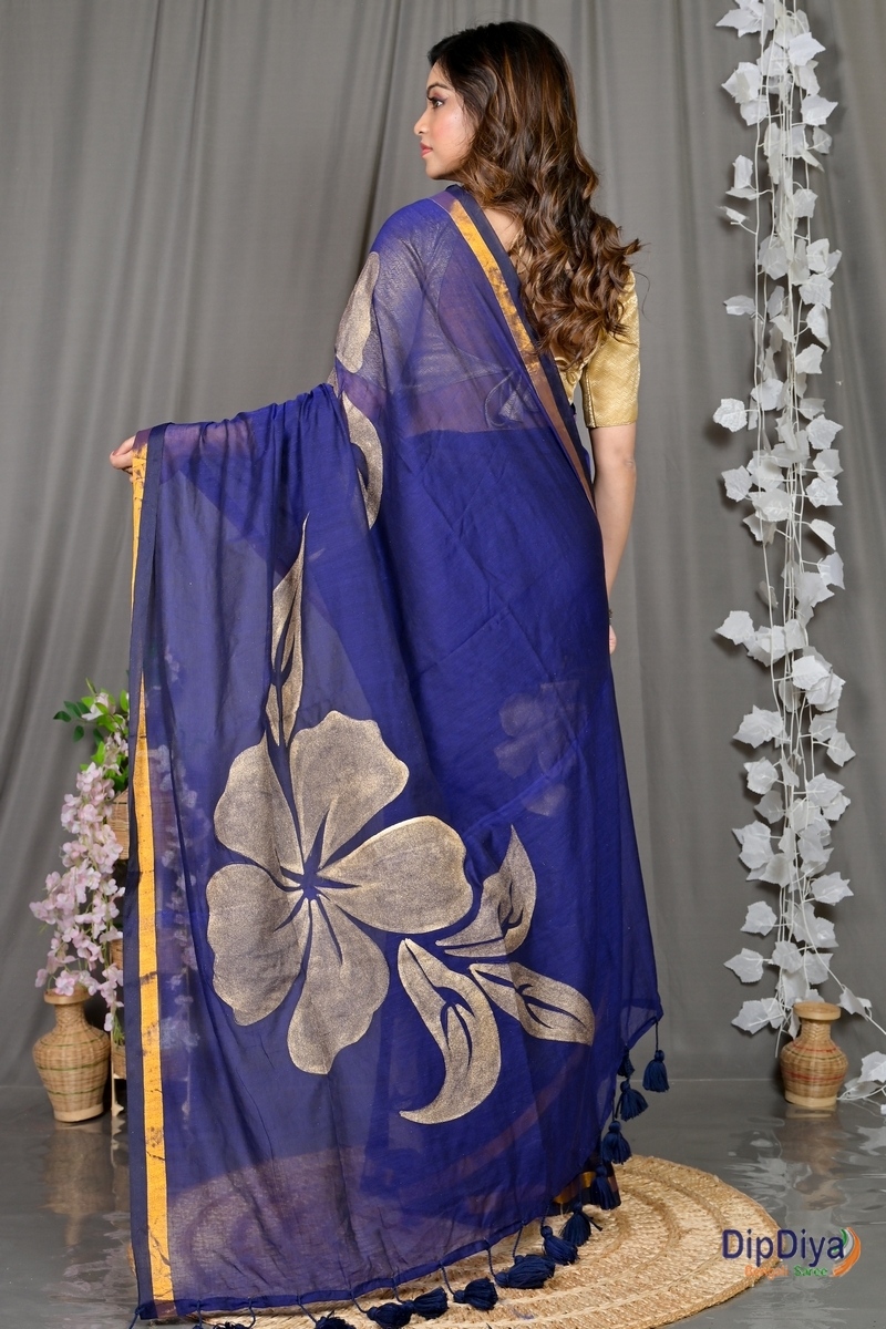 Blue Cotton Blended Soura Printed Handloom Saree (602)