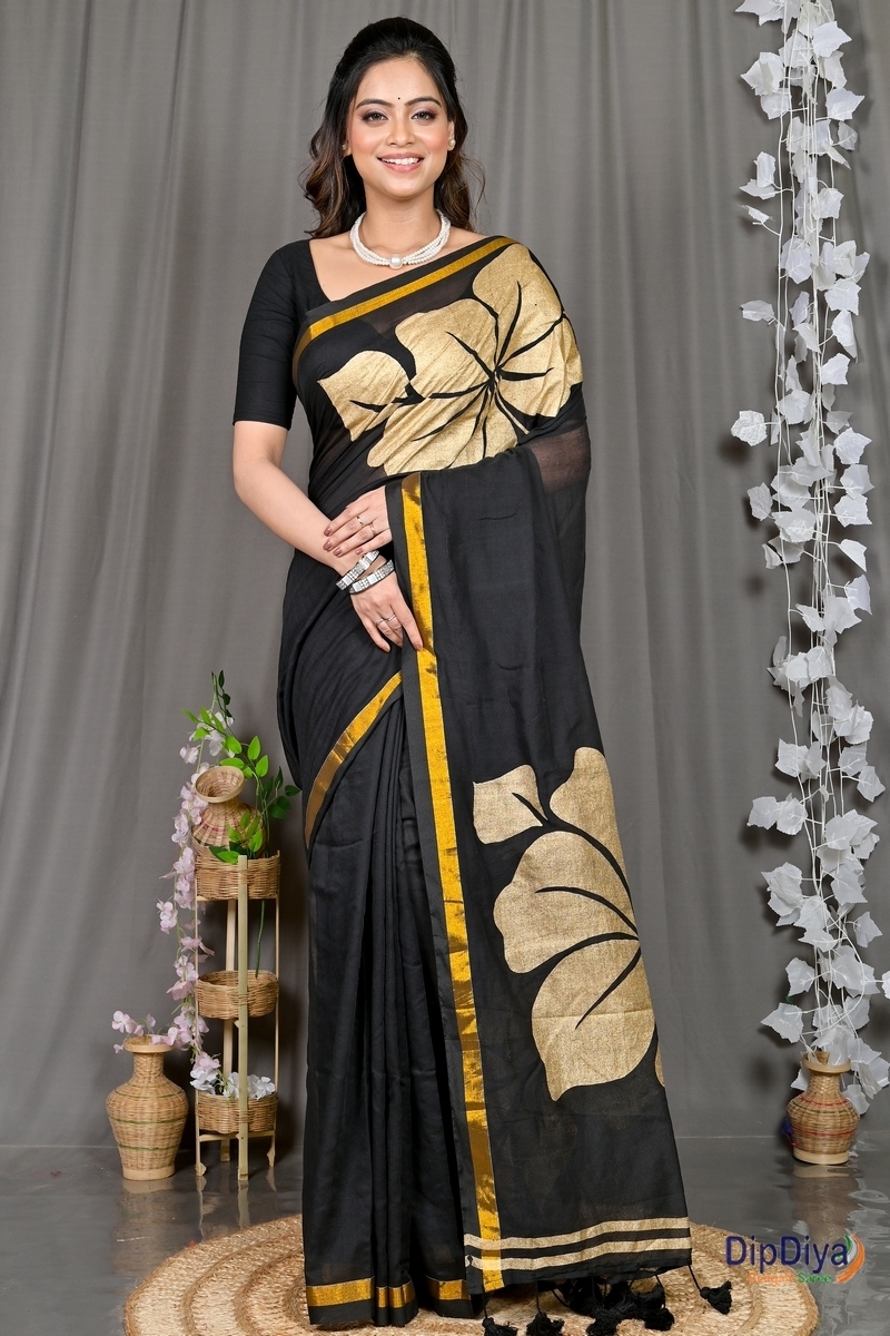 Black Cotton Blended Soura Printed Handloom Saree (603)