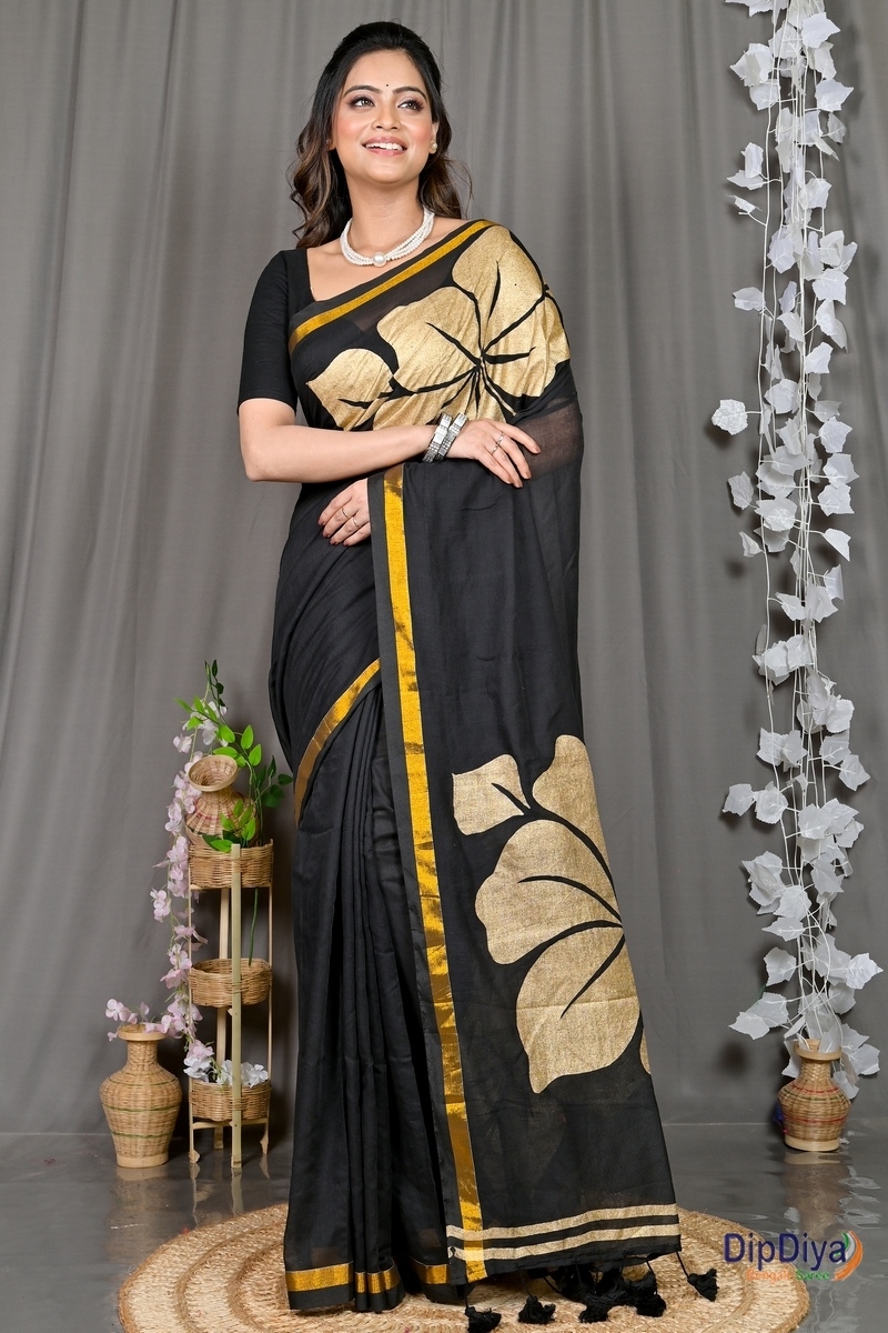 Black Cotton Blended Soura Printed Handloom Saree (603)