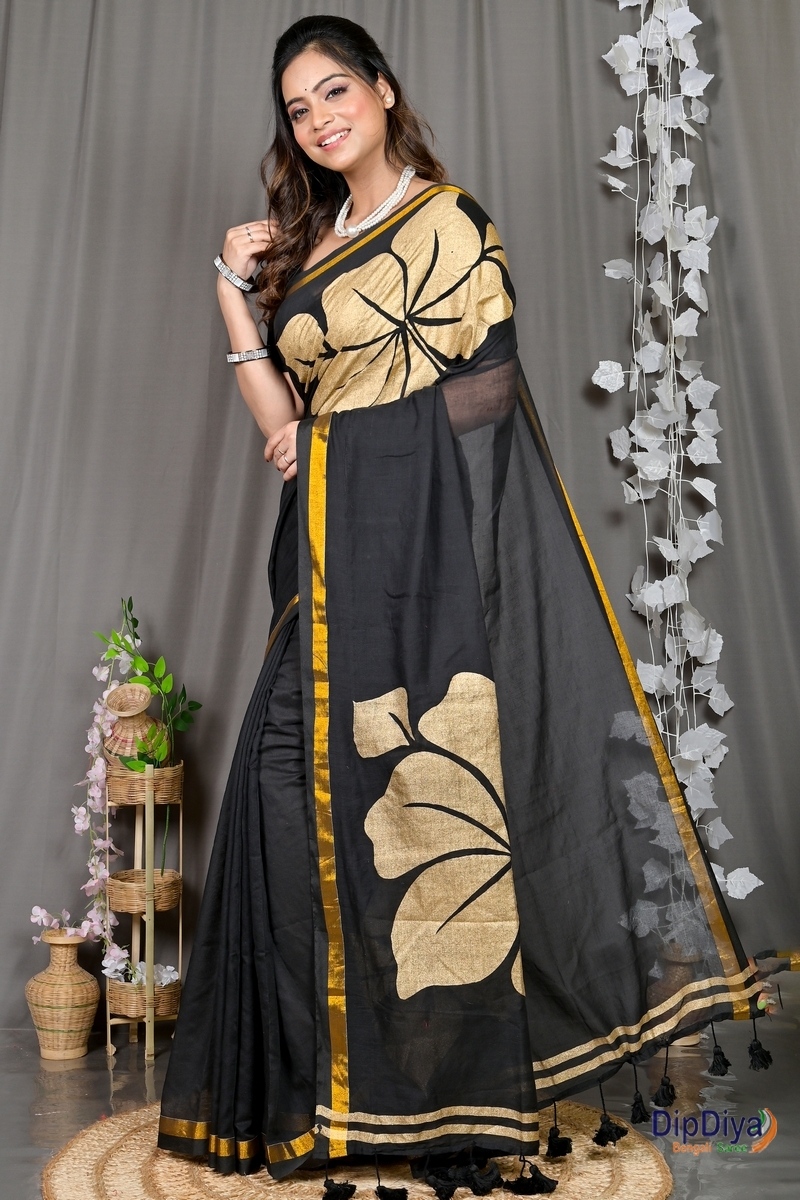 Black Cotton Blended Soura Printed Handloom Saree (603)