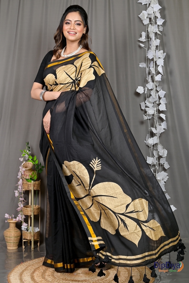 Black Cotton Blended Soura Printed Handloom Saree (603)