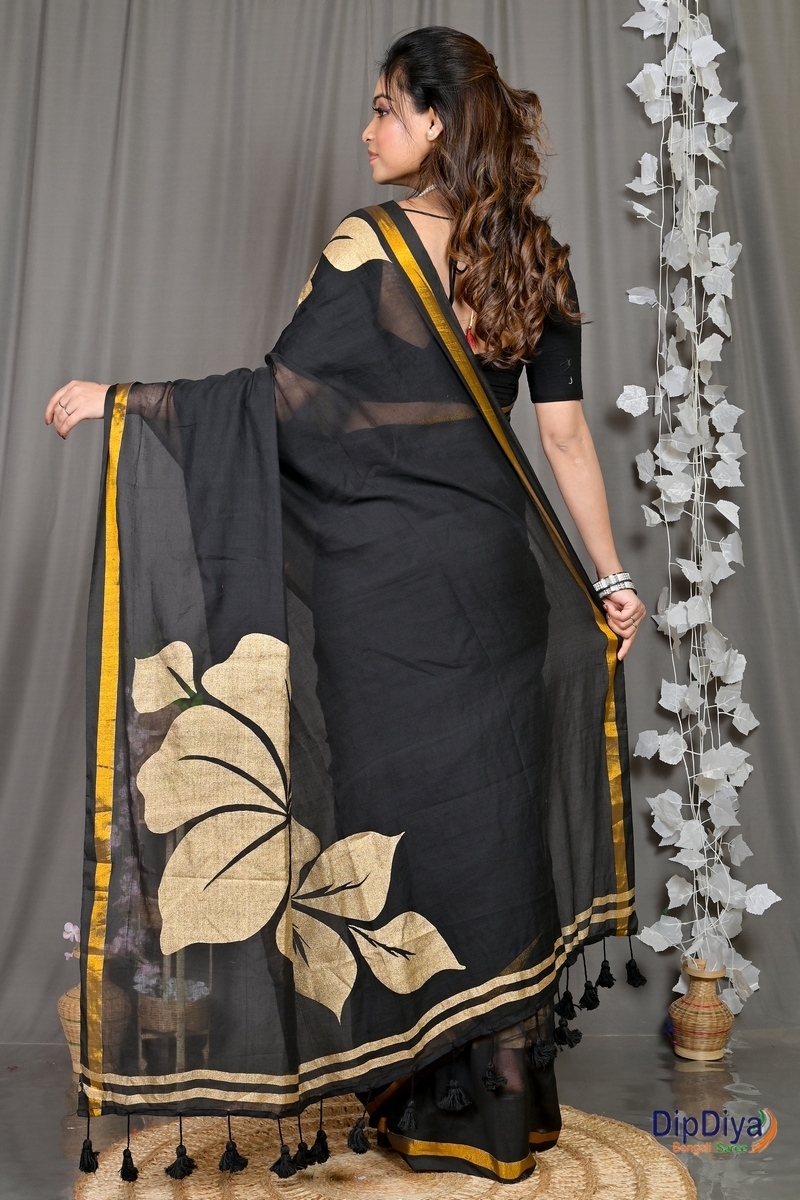 Black Cotton Blended Soura Printed Handloom Saree (603)