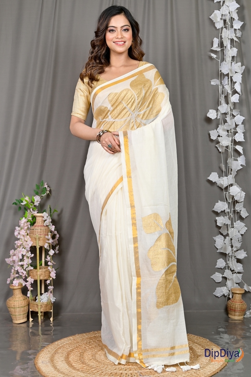 White Cotton Blended Soura Printed Handloom Saree (604)