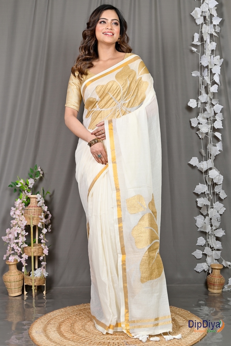 White Cotton Blended Soura Printed Handloom Saree (604)