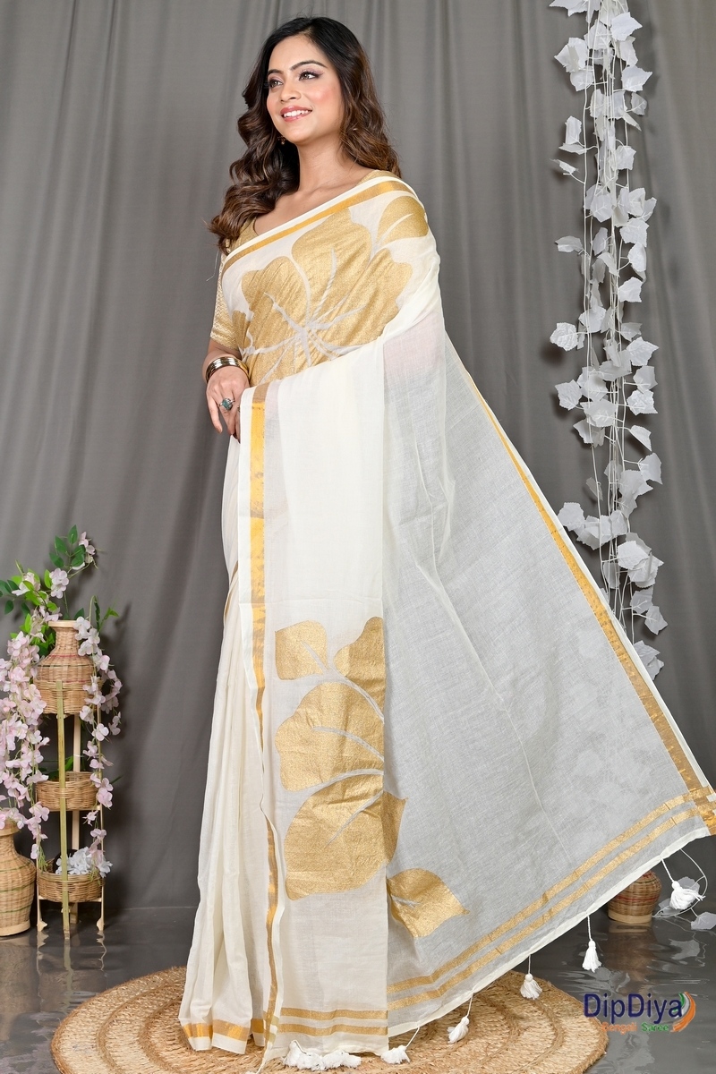 White Cotton Blended Soura Printed Handloom Saree (604)