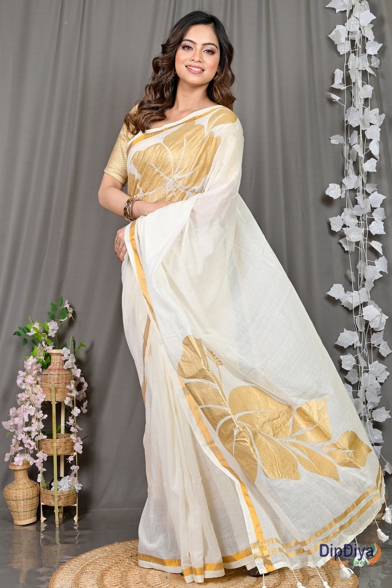 White Cotton Blended Soura Printed Handloom Saree (604)