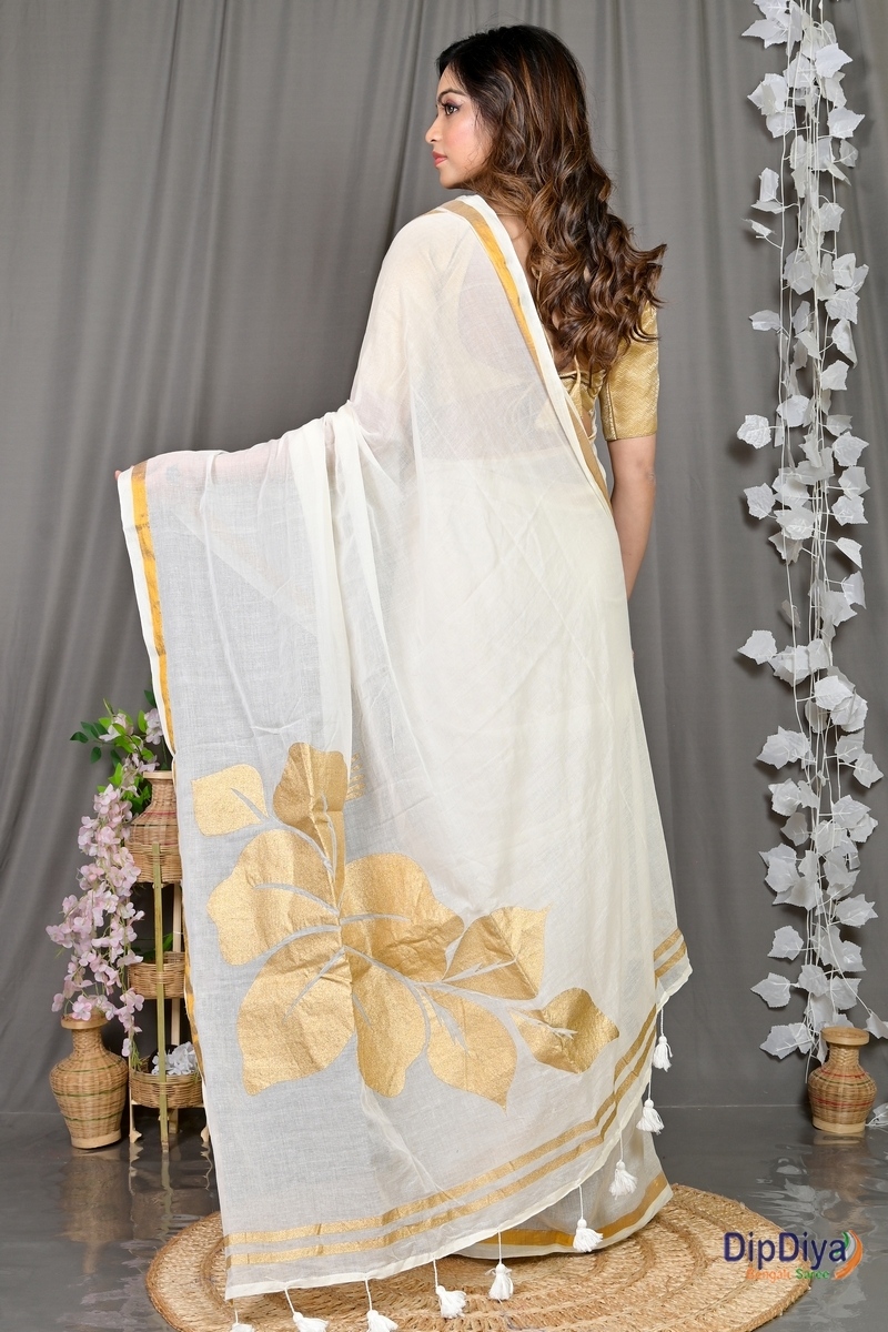 White Cotton Blended Soura Printed Handloom Saree (604)