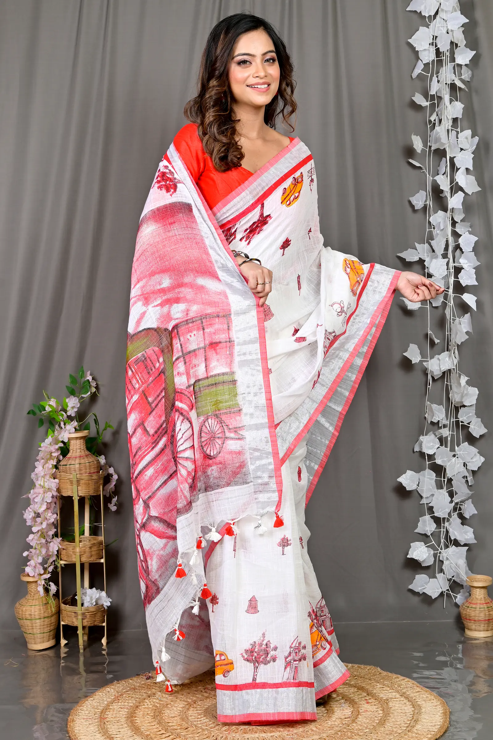 White Red Pure Cotton Soher Printed Handloom Saree (605)