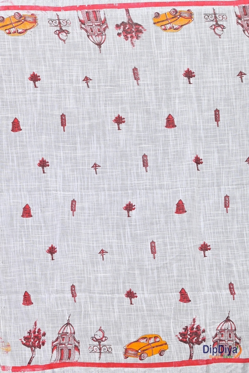 White Red Pure Cotton Soher Printed Handloom Saree (605)