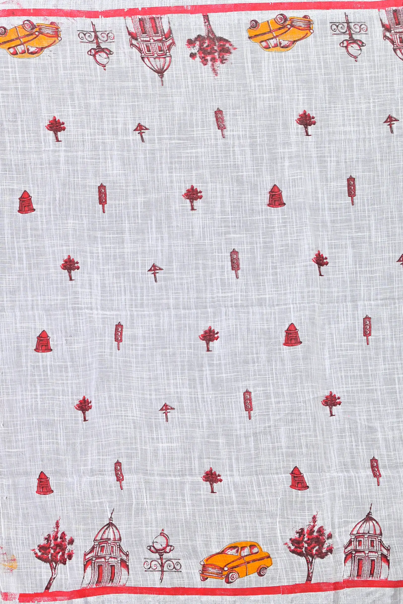 White Red Pure Cotton Soher Printed Handloom Saree (605)