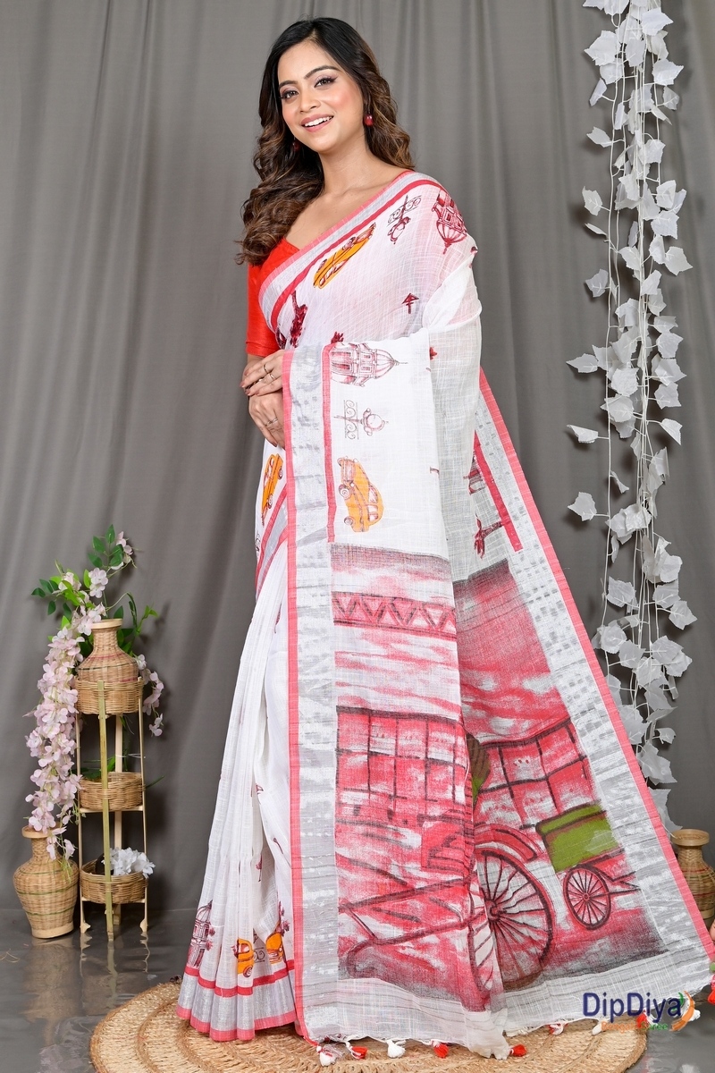 White Red Pure Cotton Soher Printed Handloom Saree (605)