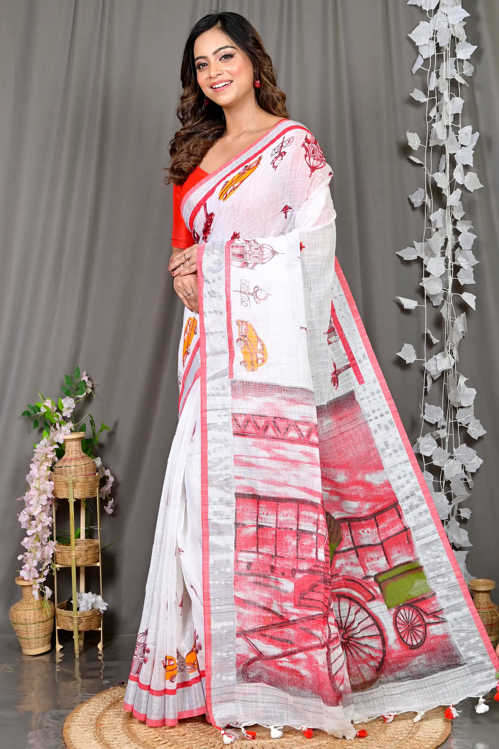 White Red Pure Cotton Soher Printed Handloom Saree (605)