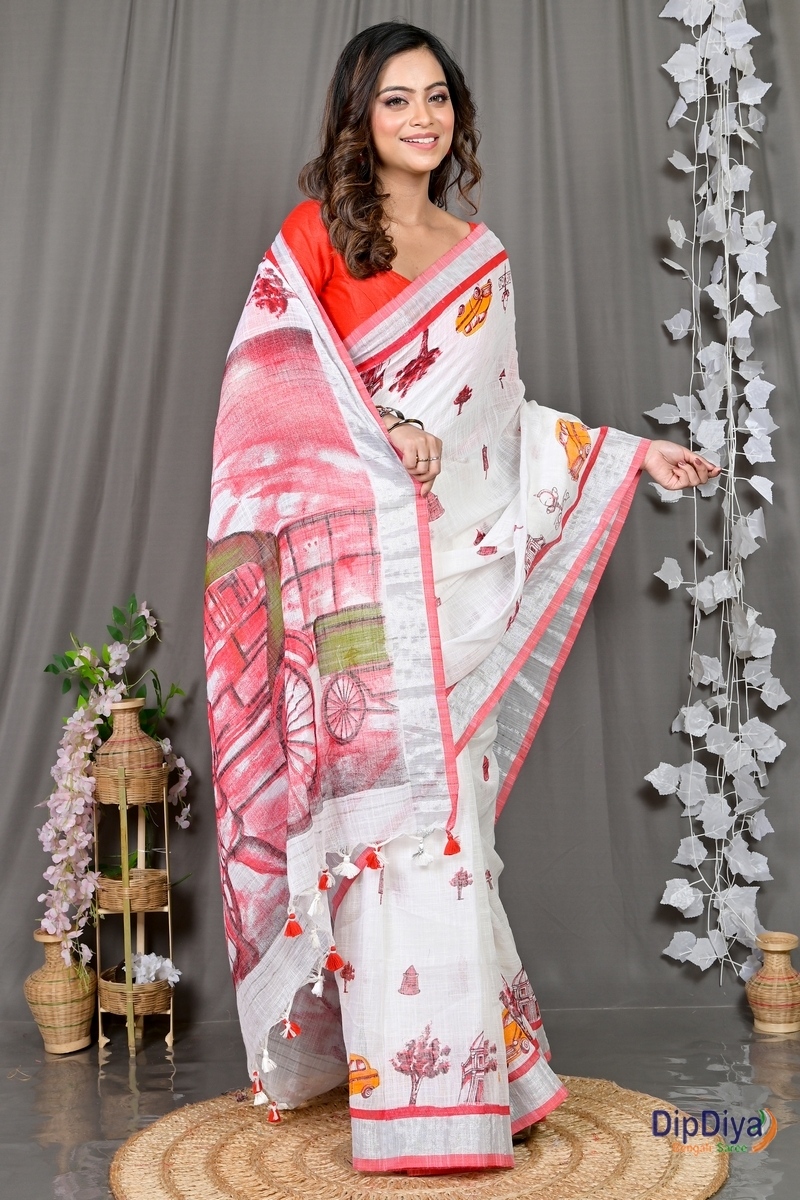 White Red Pure Cotton Soher Printed Handloom Saree (605)