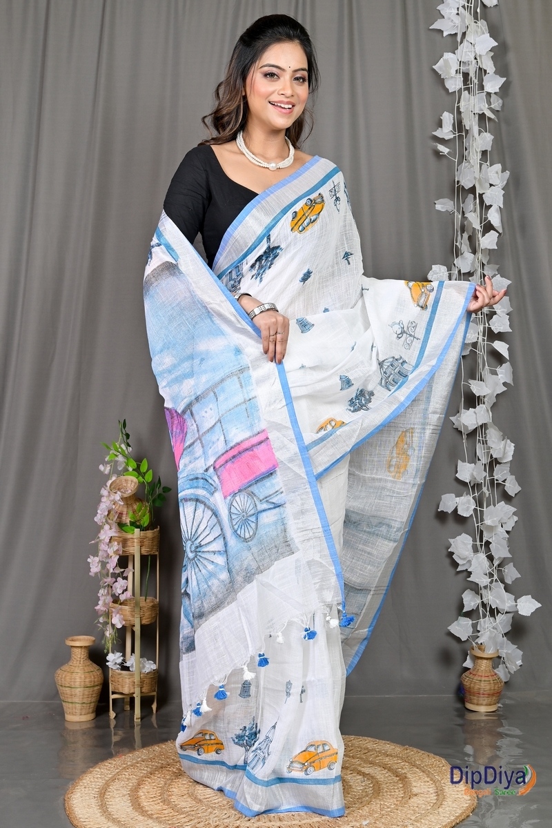 White Blue Pure Cotton Soher Printed Handloom Saree (607)