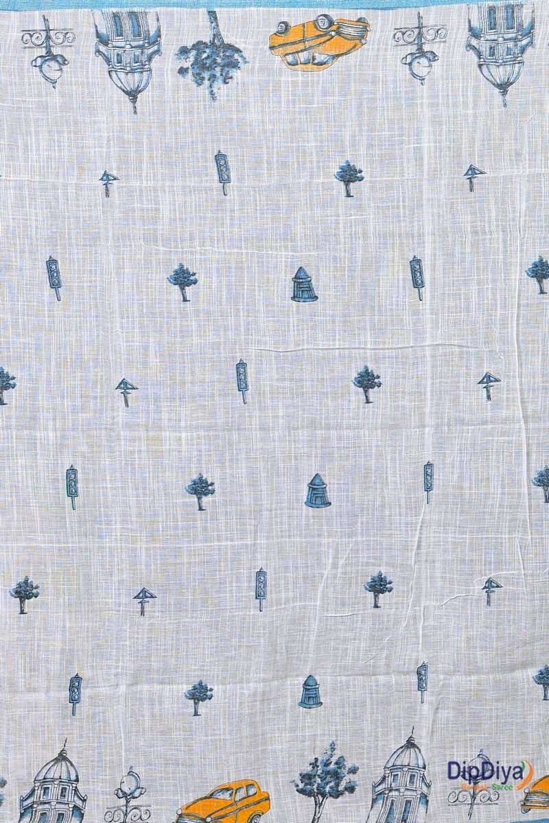 White Blue Pure Cotton Soher Printed Handloom Saree (607)