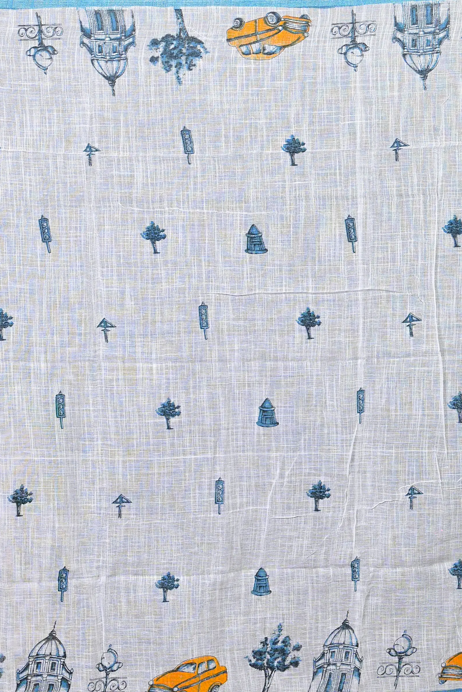 White Blue Pure Cotton Soher Printed Handloom Saree (607)