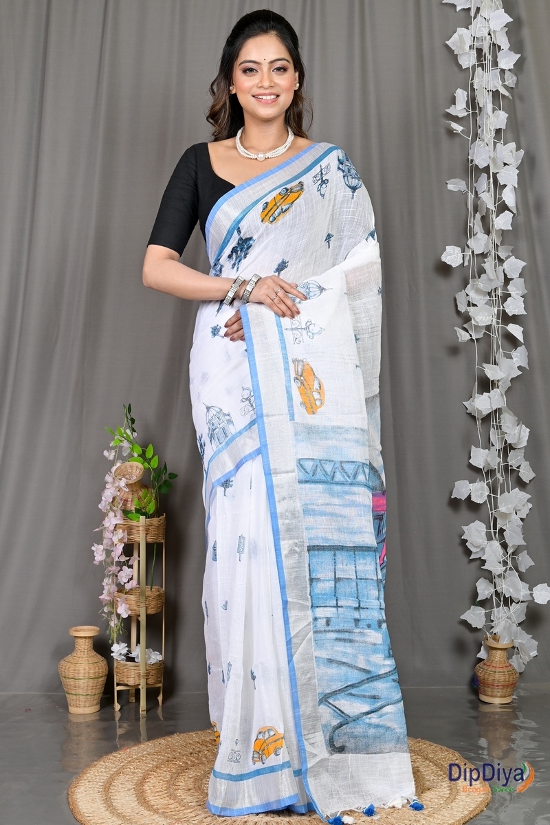White Blue Pure Cotton Soher Printed Handloom Saree (607)