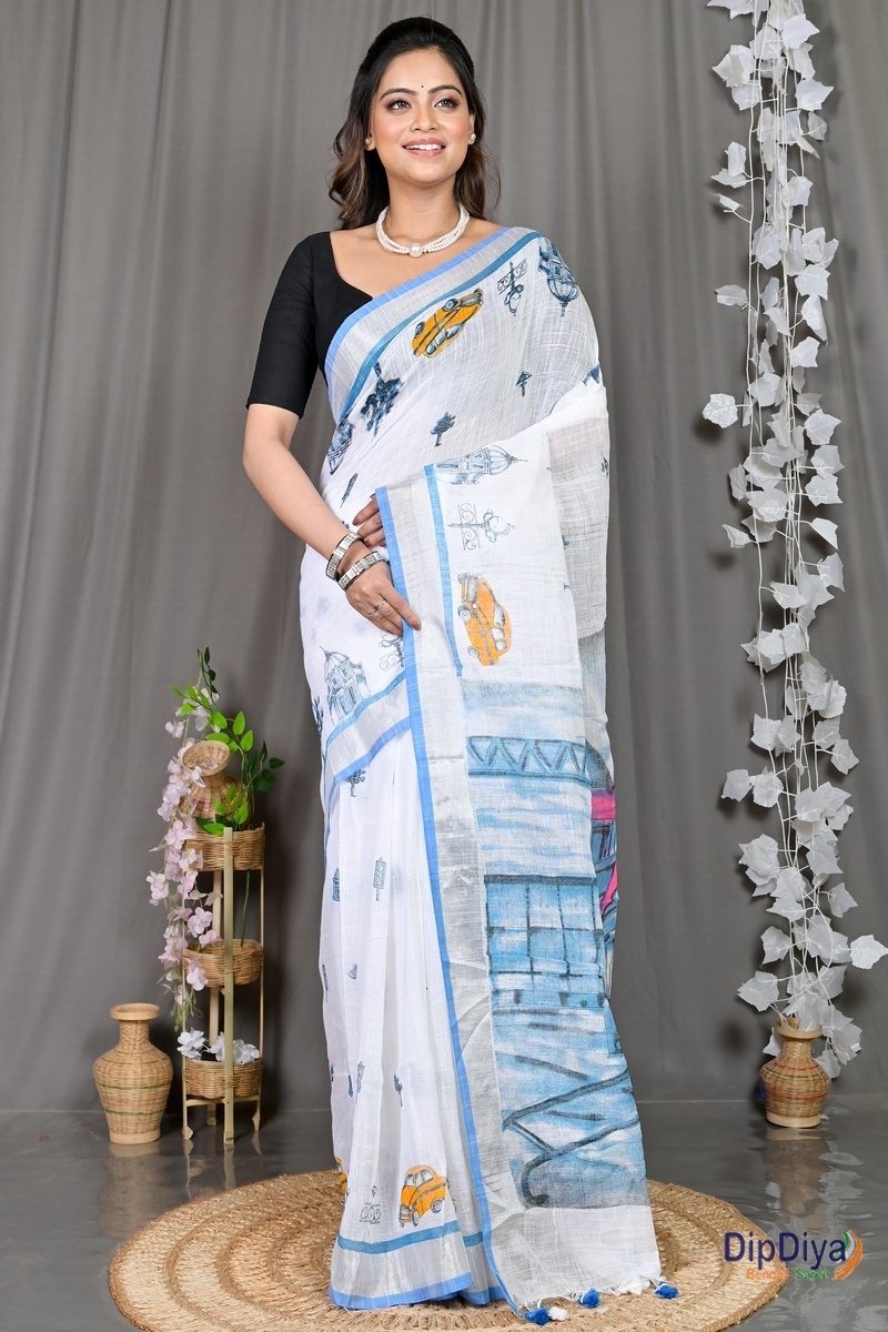 White Blue Pure Cotton Soher Printed Handloom Saree (607)