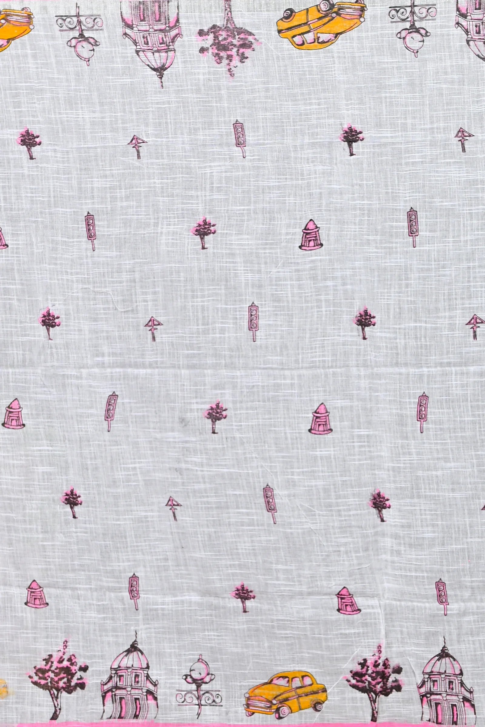 White Pink Pure Cotton Soher Printed Handloom Saree (608)