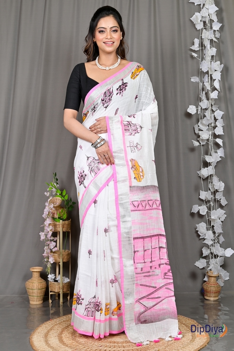 White Pink Pure Cotton Soher Printed Handloom Saree (608)
