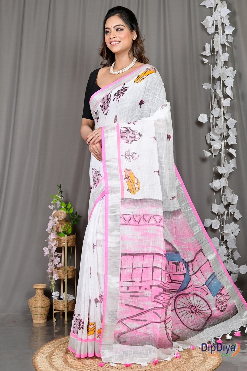 White Pink Pure Cotton Soher Printed Handloom Saree (608)