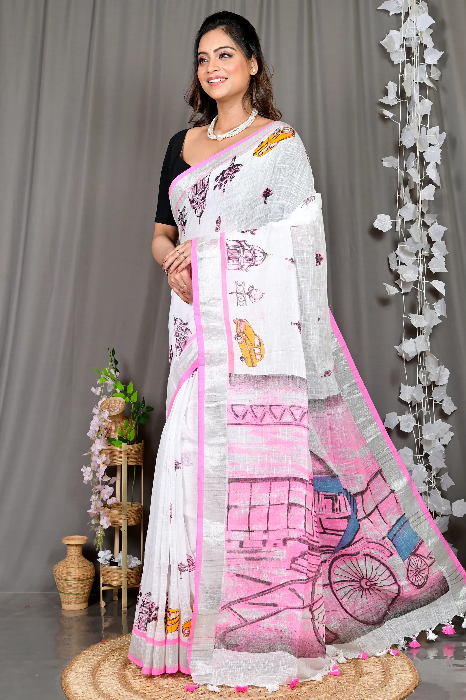 White Pink Pure Cotton Soher Printed Handloom Saree (608)