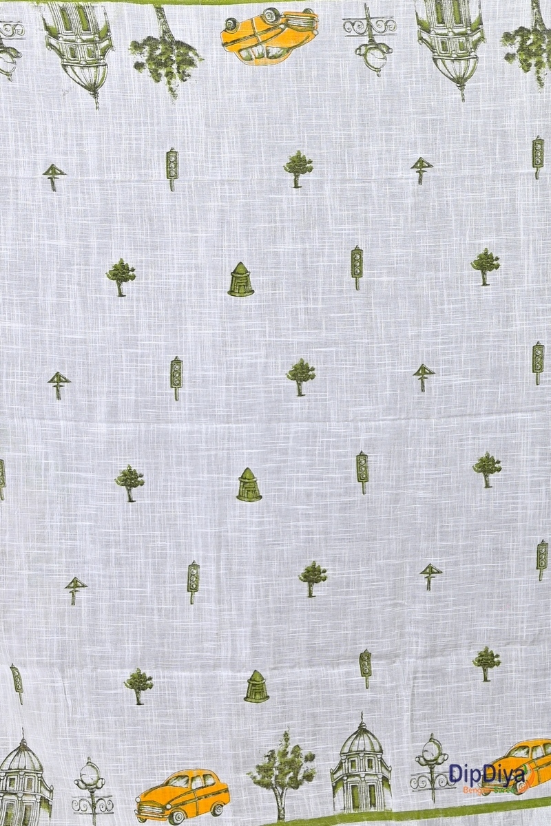 White Green Pure Cotton Soher Printed Handloom Saree (609)