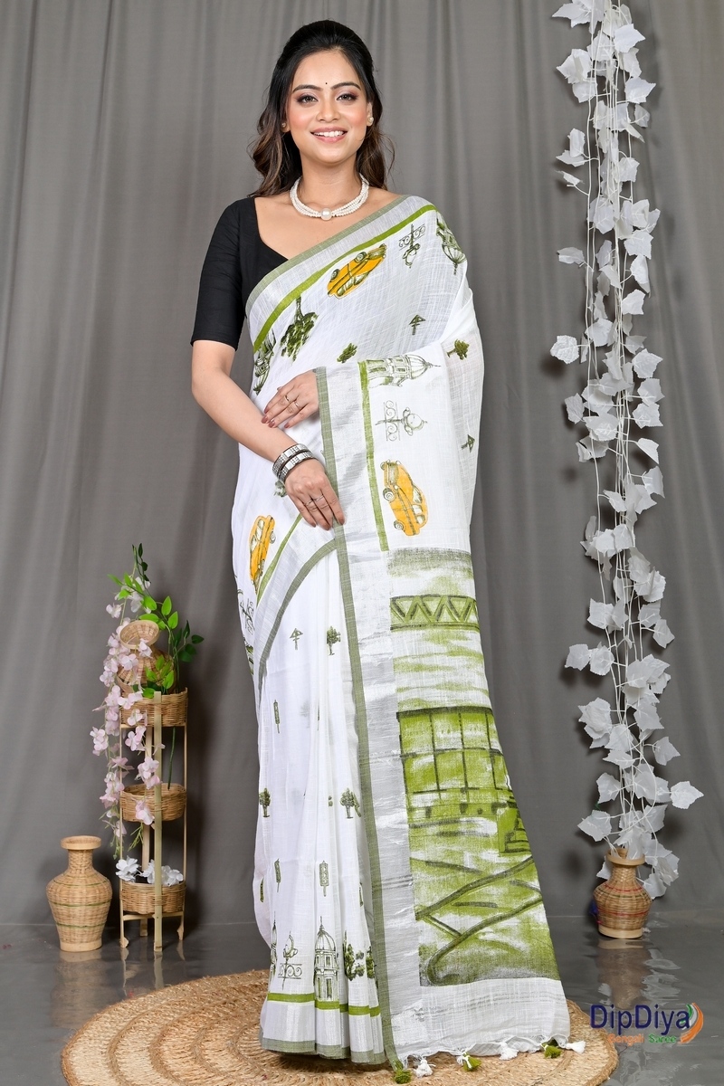 White Green Pure Cotton Soher Printed Handloom Saree (609)