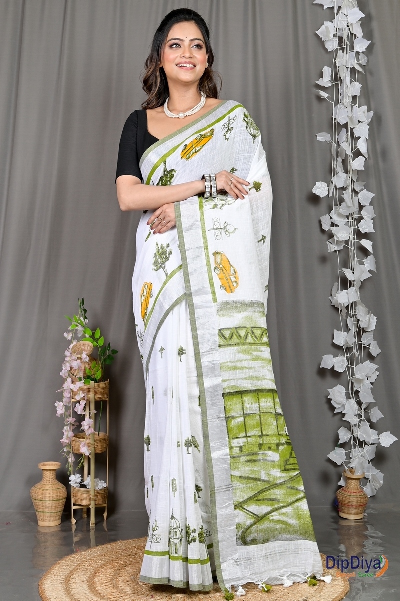 White Green Pure Cotton Soher Printed Handloom Saree (609)