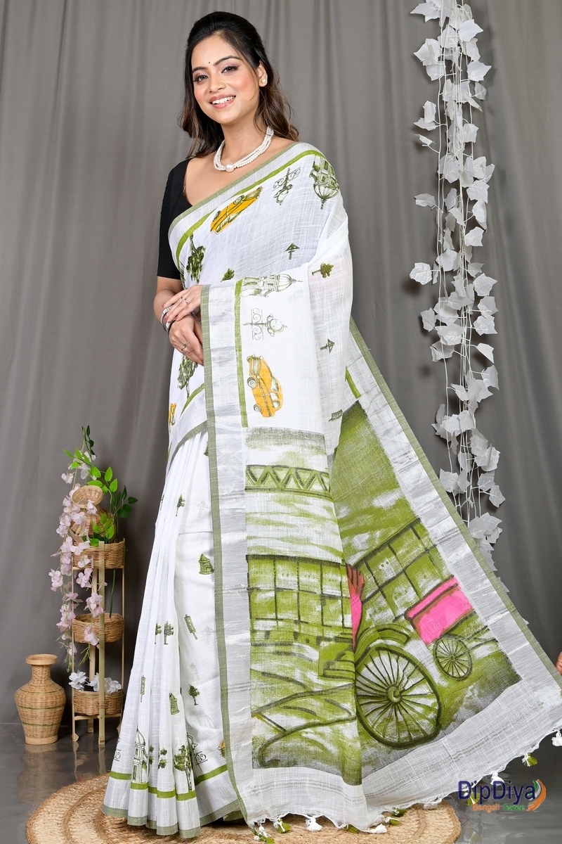 White Green Pure Cotton Soher Printed Handloom Saree (609)
