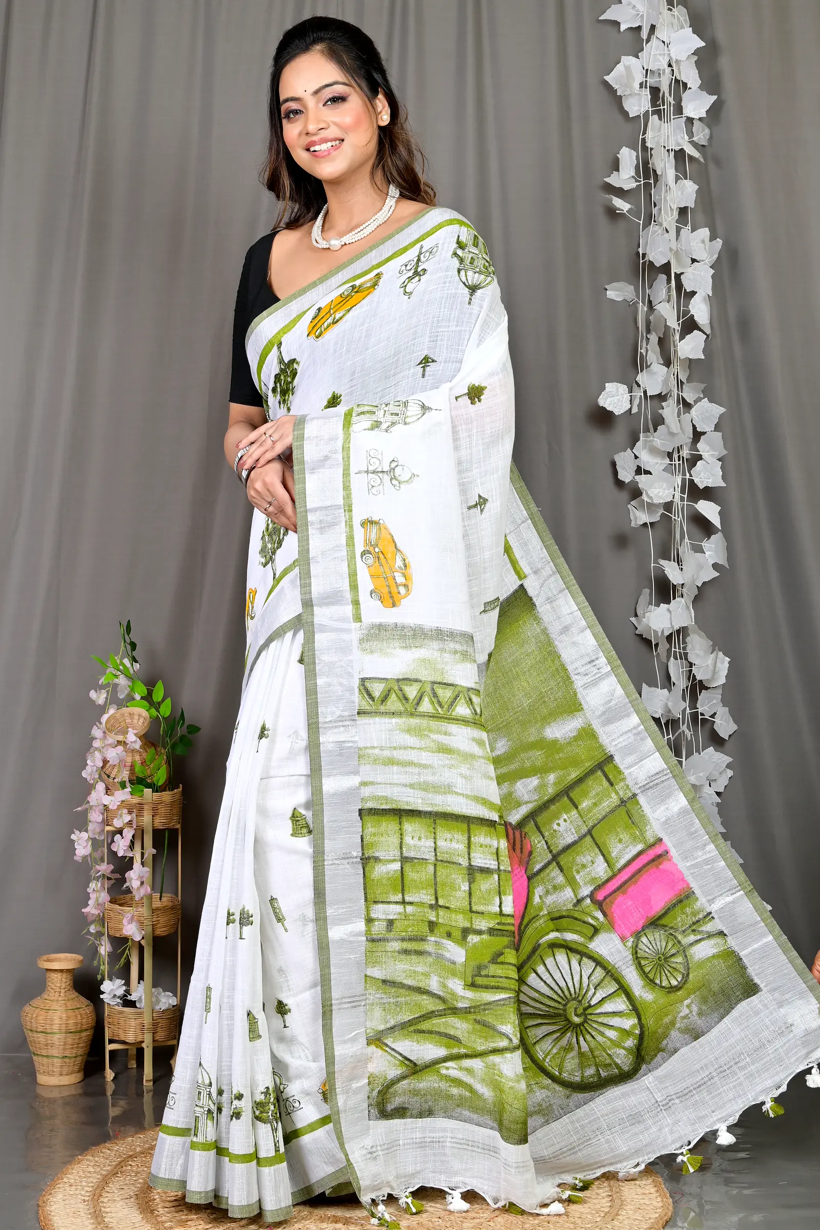 White Green Pure Cotton Soher Printed Handloom Saree (609)