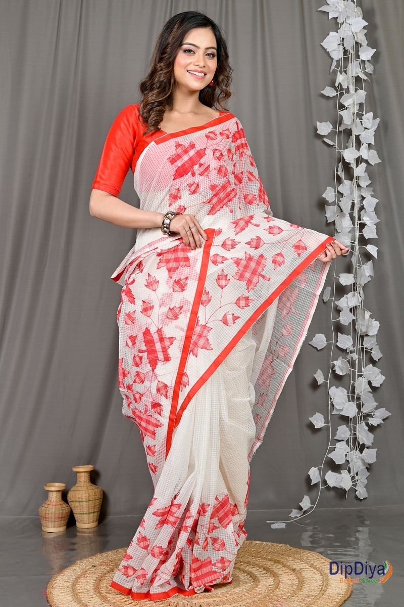 White Red Cotton Variti Aplic Applique Saree (610)