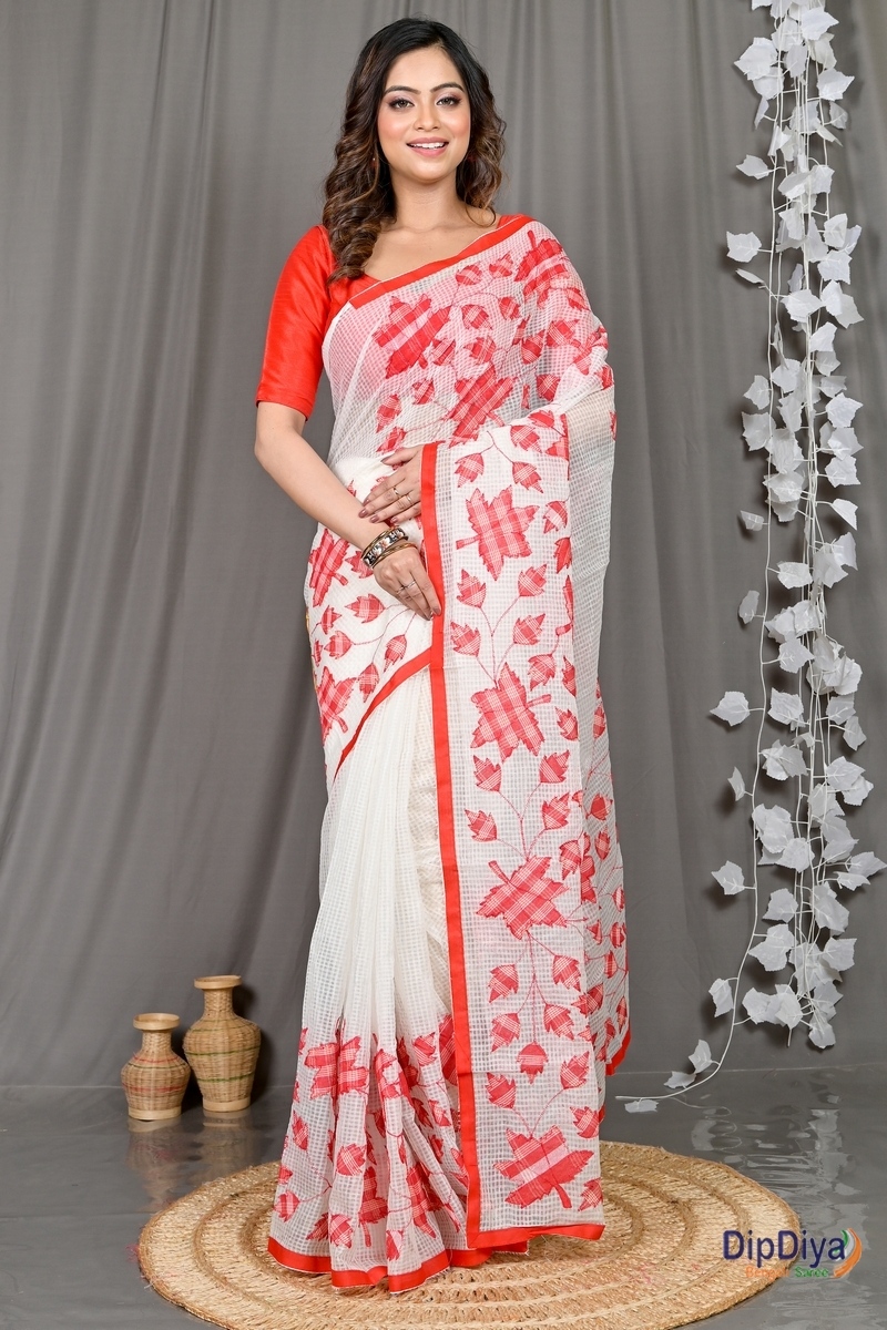 White Red Cotton Variti Aplic Applique Saree (610)