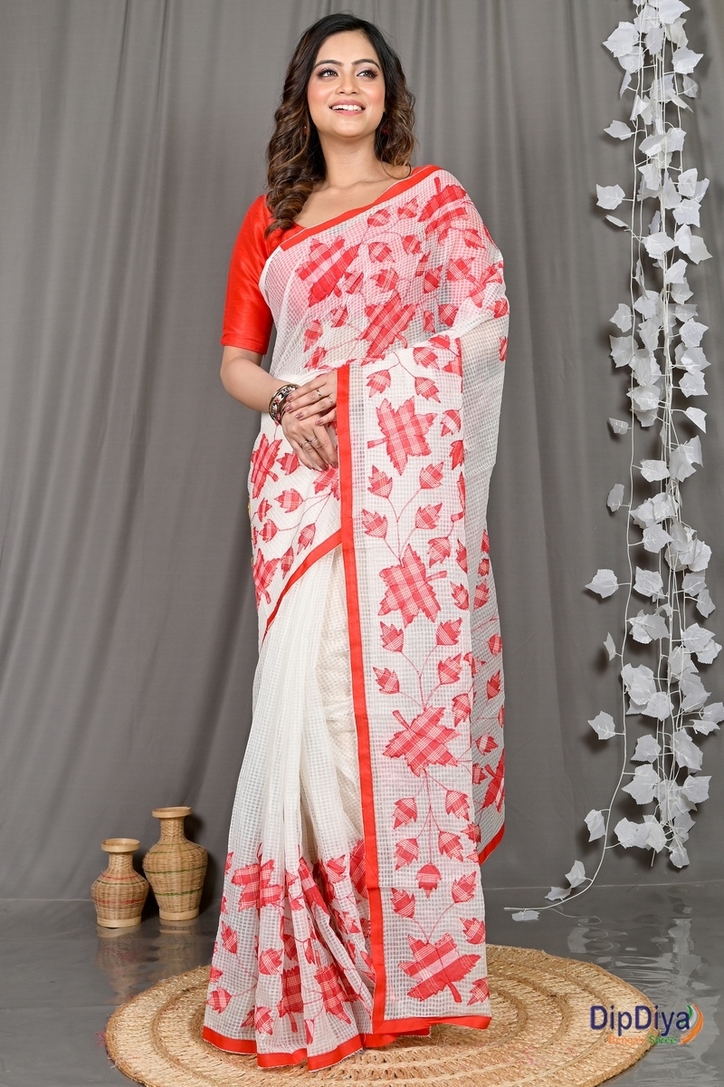 White Red Cotton Variti Aplic Applique Saree (610)